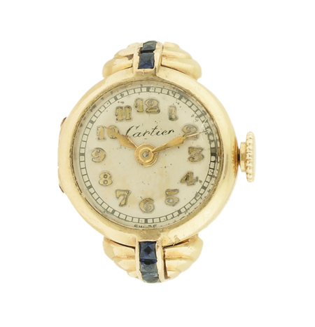 Cartier 14k Yellow Gold and Sapphire Ladies' Retro Modern Ring Watch, c. mid-20th Century