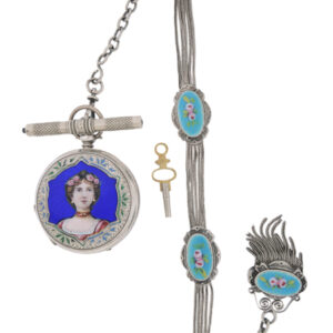 Edouard Juvet Rare Silver and Enamel Men's Hunter Pocket Watch made for the Chinese Market with Silver Enamel Chatelaine, c.1895