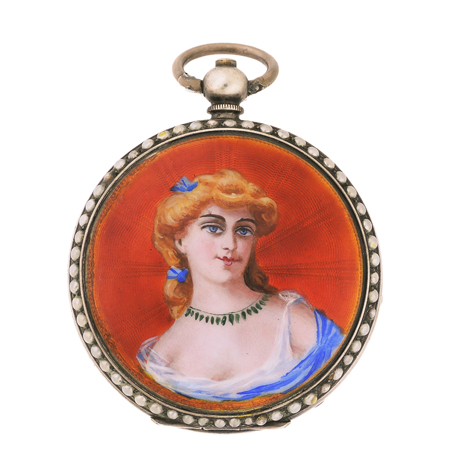 J. Ullmann & Co. Hong Kong Rare Silver and Enamel Pocket Watch Studded with Half-Pearls for the Chinese Market, c.1895