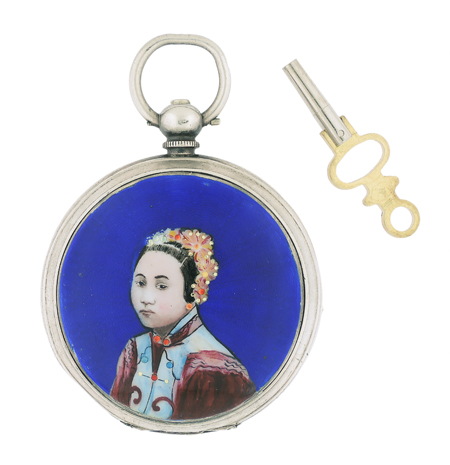 Georges Favre-Jacot & Co. Silver and Enamel Key-Wind Hunter Case Pocket Watch Made for the Chinese Market, c.1895