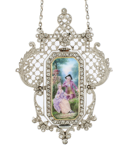 Van Cleef and Arpels with Bosco Chain Ornamental Diamond-Studded Pendant with Enamel Medallion and Watch, c.1910