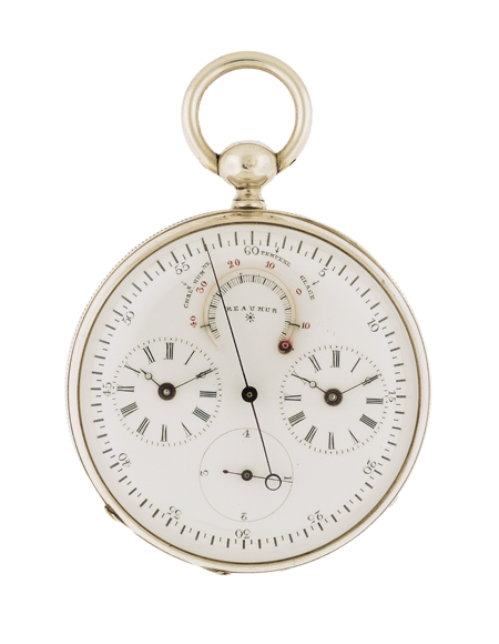 Swiss Silver Men's Rare Open-Face Key-Wind Pocket Watch with Two Time Zones, Quarter Jumping Seconds and Thermometer, c.1870