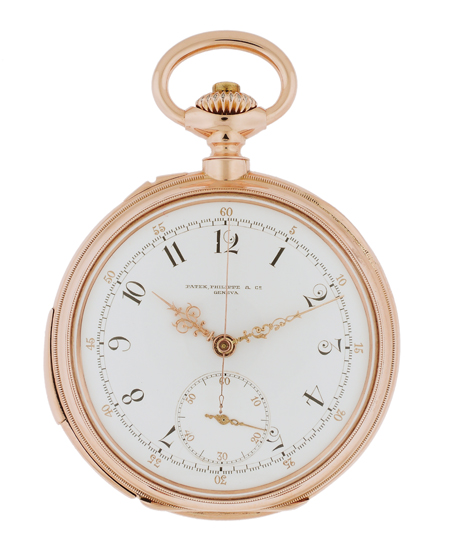 Patek Philippe 18k Pink Gold Open Face Minute Repeating Fine and Large Men's Pocket Watch with Chronograph, c.1882