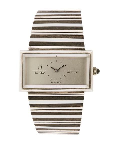 Omega "De Ville" Silver and Wood with Boneinlay Men's Eccentric Early 1970's Style Bracelet Watch, c.1973