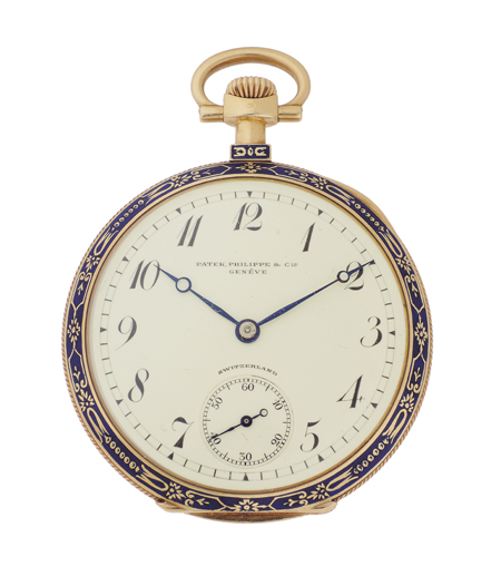 Patek Philippe 20k Yellow Gold and Enamel Extremely Rare Men's Thin Open Face Pocket Watch Made for J.B. Hudson & Son, Minneapolis with Extract, c.1908