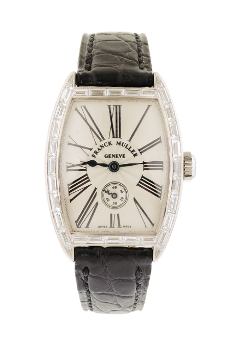 Franck Muller 18k White Gold and Diamond Baguette Lady's Mechanical Wrist Watch with Black Franck Muller Pouch