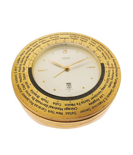 Hermes Gilt Brass World Time Mechanical Desk Clock with Date and Alarm