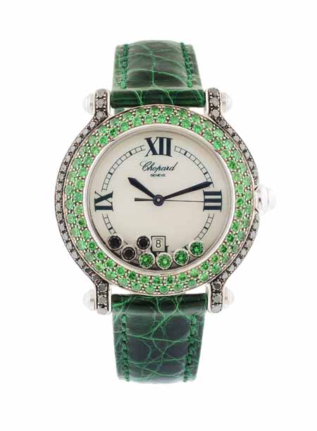 Chopard "Happy Sport" 18k White Gold, Black Diamond, and Emerald Lady's Wrist Watch