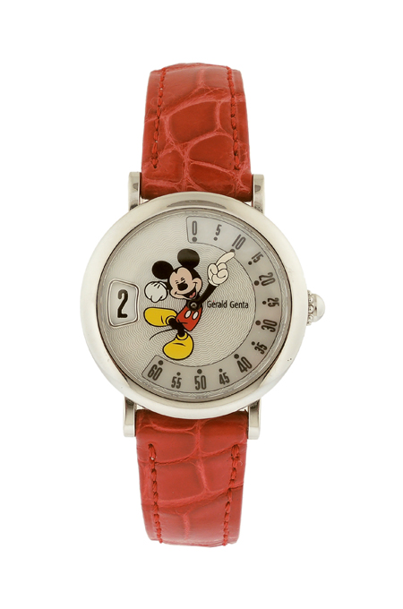 Gerald Genta Stainless Steel and Mother-of-Pearl Painted Mickey Mouse Wrist Watch with Box