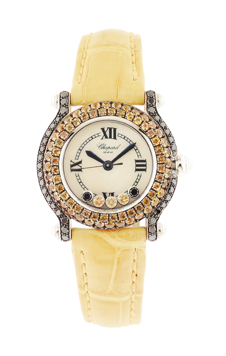 Chopard "Happy Sport" 18k White Gold, Black Diamond, and Yellow Sapphire Lady's Quartz Wrist Watch, c.2000