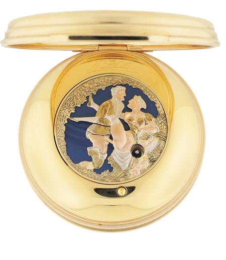 Charles Reuge. A gold plated keyless wind open face pocket watch with key wind alarm and concealed erotic automaton