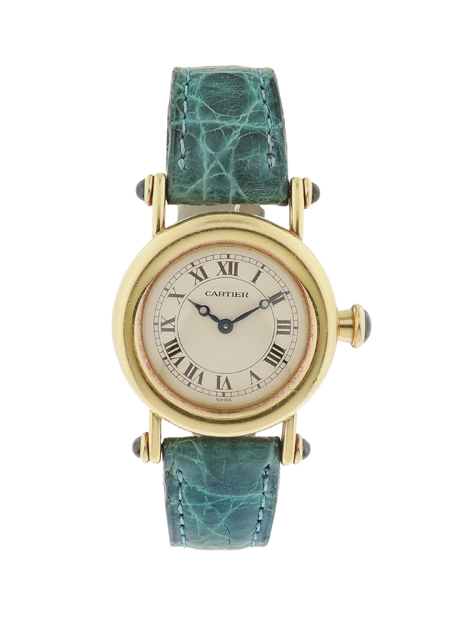 Cartier Ladies "Diabolo" 18k Yellow Gold Mid Size Wristwatch with Blue Cartier Crocodile band and 18k Yellow Gold Cartier Buckle