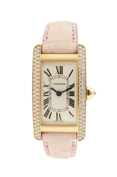 Cartier Ladies "Tank Americaines" 18k Yellow Gold and Diamond Wristwatch with Special Sunburst Dial