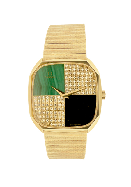 Omega 18k Yellow Gold with Onyx, Malachite, and Diamonds Complete set with Watch, Ring and Cuff Links, with Box and Papers