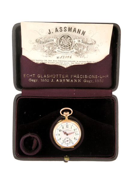 Julius Assman Glashutte 14k Yellow Gold and Diamond and Emerald Open Face Pocket Watch