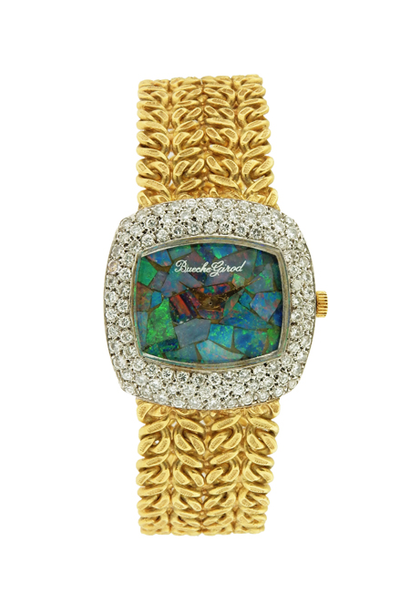 Bueche-Girod 18k Yellow Gold and Diamond Ladies' Bracelet Watch w/ opal dial c. 1960s