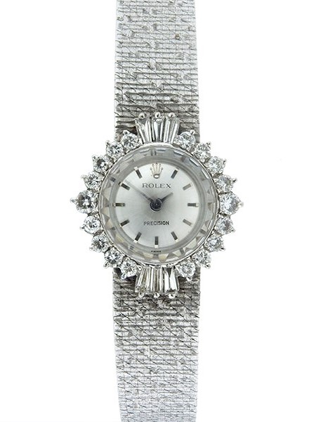 Rolex 18k White Gold Lady's Bracelet Watch with fancy Diamond bezel c. 1960s