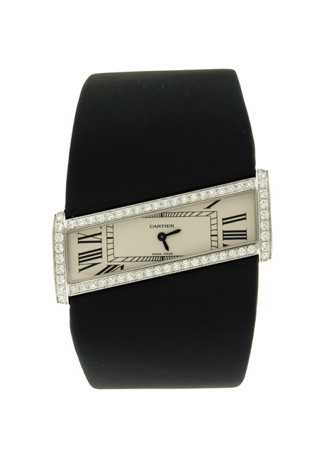 Cartier Ladies "Diagonale Divan" 18k White Gold and Diamond Cuff Wristwatch