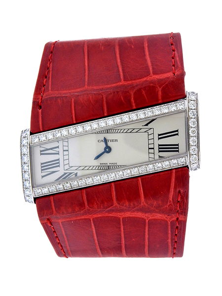 Cartier Ladies "Diagonale Divan" 18k White Gold & Diamond Cuff Wristwatch w/ Red Crocodile Cartier Strap, mint w/ box and certificate