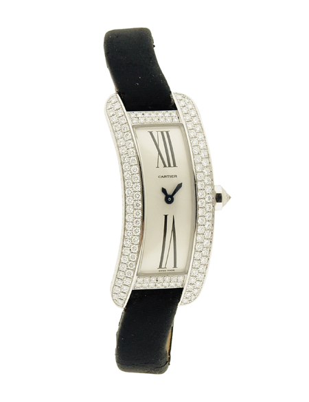 Cartier "Ballerine" 18k White Gold and Diamond Ladies' Asymmetrical Wrist Watch c. 2008 w/ pouch & cushion