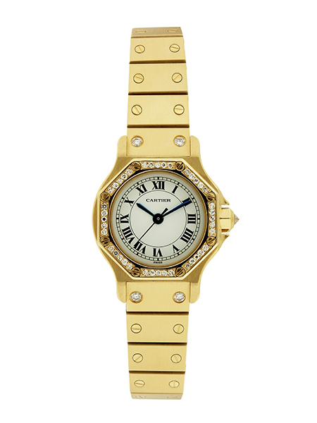 Cartier 18k YG Octagonal "Santos" Automatic Ladies' Bracelet Watch w/ Diamond Bezel, new/old stock with hang tag & box. c. 2000