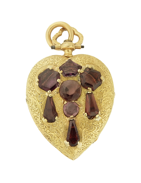 French 18k Yellow Gold & Garnet Heart Shaped Pendant Watch with Chain c. 1850s