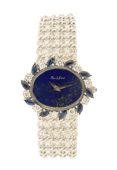 Bueche-Girod 18k White Gold, Sapphire & Diamond Bezel Ladies' Bracelet Watch w/ lapis dial c. 1970s, Box