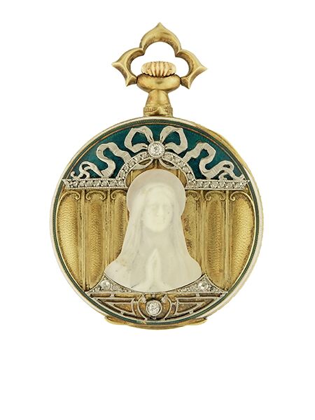 Urban Jurgensen 'The Virgin Mary' 18k Yellow Gold, Enamel and Diamond Art Nouveau Pocket Watch, c. 1923