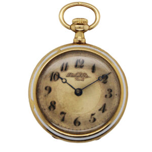 Lacloche Freres 18k Yellow Gold and Enamel Open Face Pendant Watch with Diamond Rosette c. 1920s