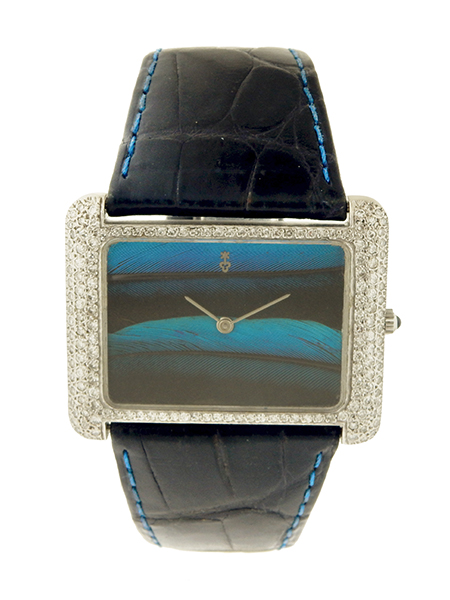 18k White Gold and Diamond Large Rectangular Corum wristwatch with Peacock Feather Dial (Ref. 57282) c. 1980s