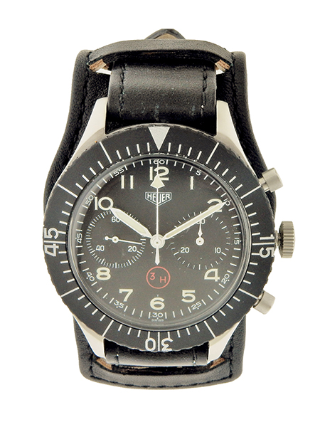 Heuer Chrono- Anodized black wristwatch with cuff band and rotating bezel, circa 1960s