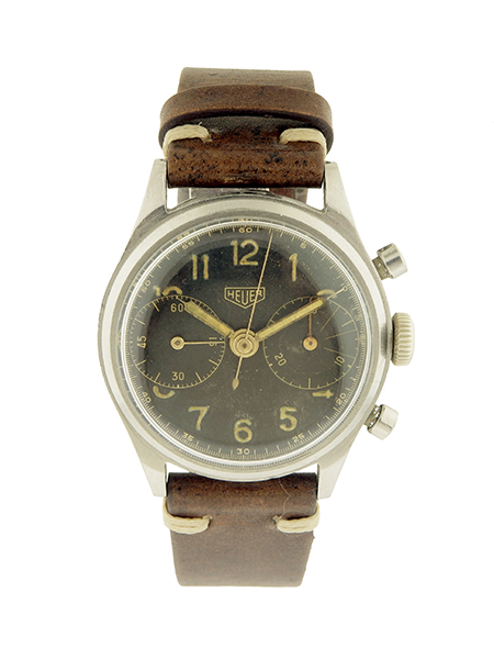 Heuer Stainless Steel round button chronograph wrist watch with patinated black dial, circa. 1940s