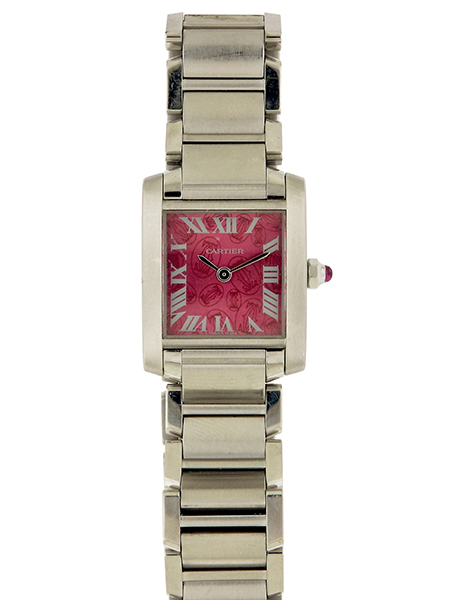 Cartier Stainless Steel Tank Francaise Ladies' Bracelet Watch with Boutique Red Dial and Crown, comes with Box & Papers