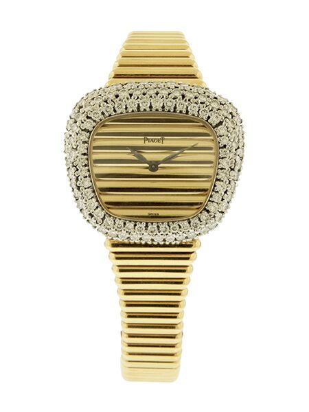 Rare & Unusual Piaget (Ref. 9484 C 10) Asymmetric 18k Yellow Gold Heavy Ladies Bracelet Watch w/ Diamond Encrusted 'TV' Bezel and Emperador Bracelet