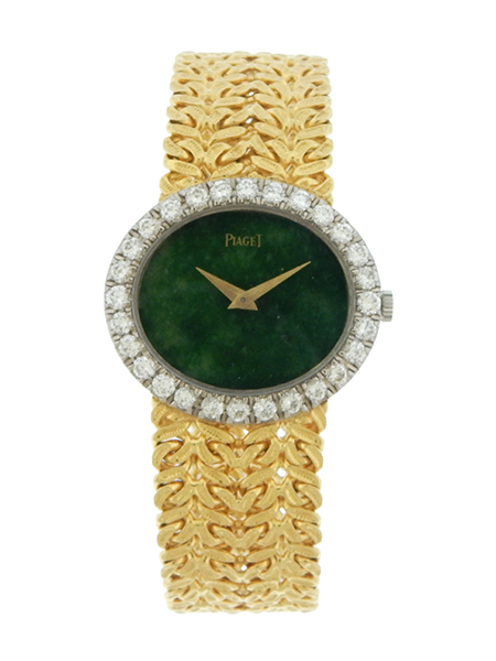 Piaget 18k Yellow Gold Bracelet Watch with Diamond Bezel and Nephrite Dial (Ref 9804N21), c. 1970s