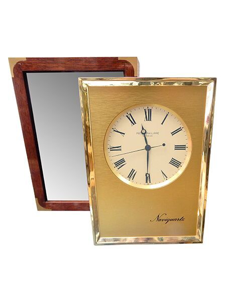 Patek Philippe Naviquartz 'E 1200' Chronometer Desk Clock, Gilt Steel and Wood, c. 1970s.