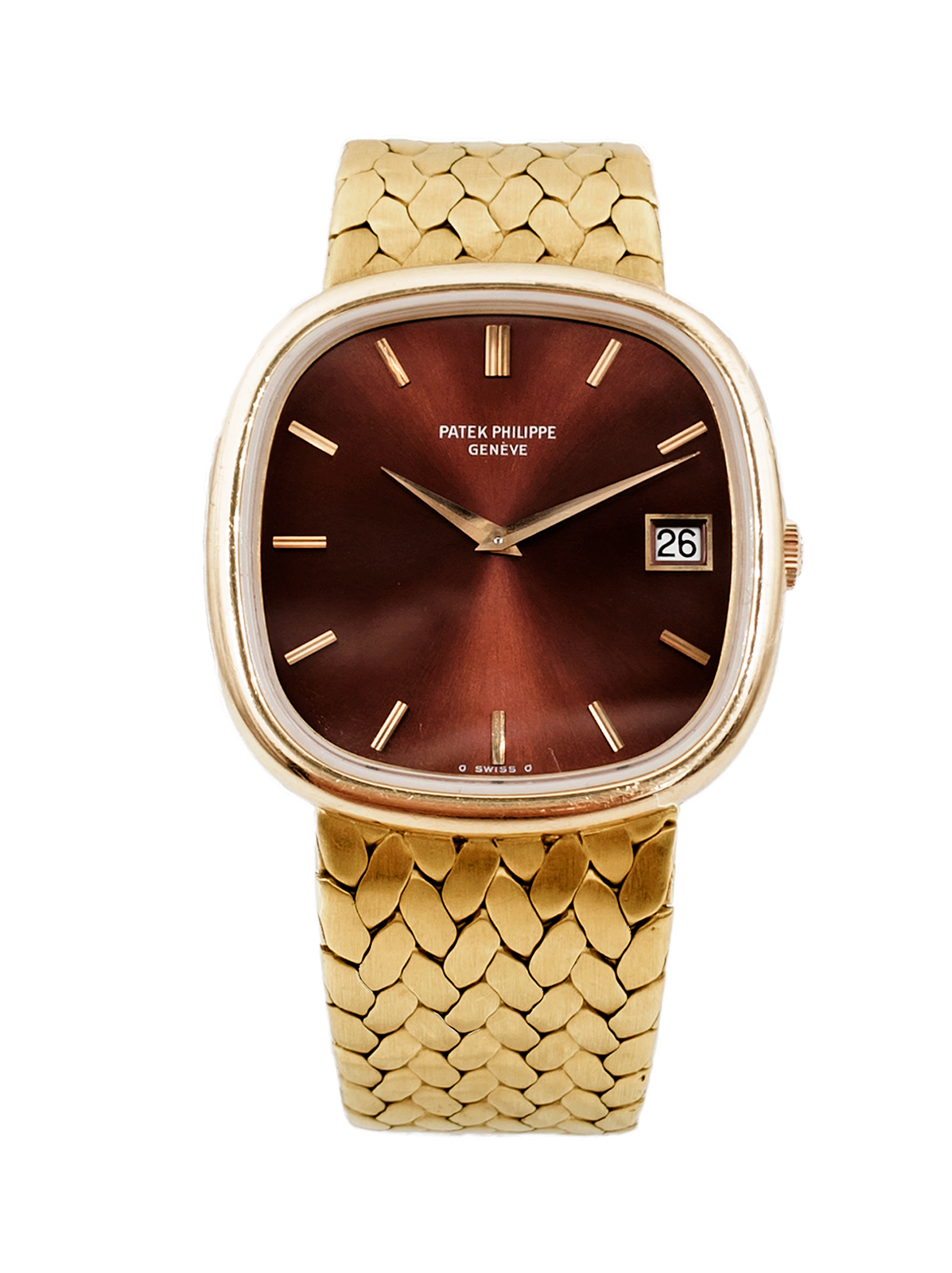 Patek Philippe 18k YG Ref. 3604/1, 'Golden Ellipse' Cushion-Form Auto-Date Bracelet Watch w/ Rose-Tone Dial c. 1970, w/ box