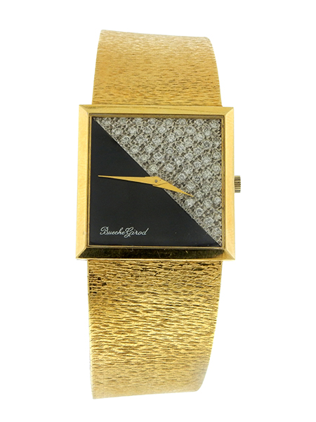 Bueche-Girod 18k Yellow Gold and Diamond Men's Bracelet Watch w/ Diamond and Onyx Dial, c. 1970s