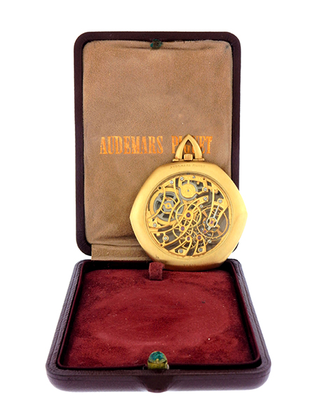 Audemars Piguet Rare 18k Yellow Gold Thin Skeletonized Hexagonal Pocket Watch c. 1973, w/ box