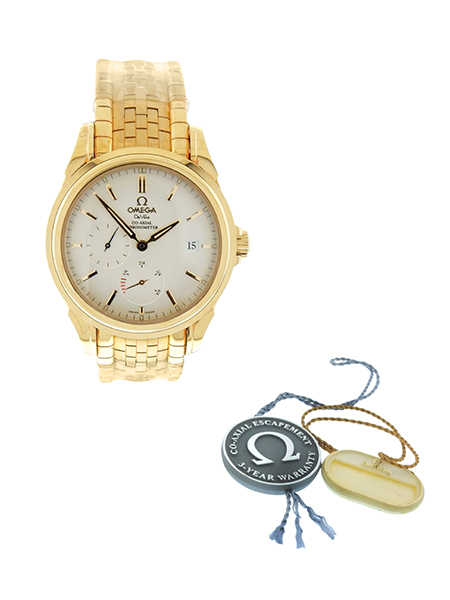 Heavy Omega "DeVille Co-Axial Réserve de Marche, Automatic, Chronometer", (Ref 4132.23.100) 18k Yellow Gold Bracelet Watch c. 2001, w/ 2 hang tags