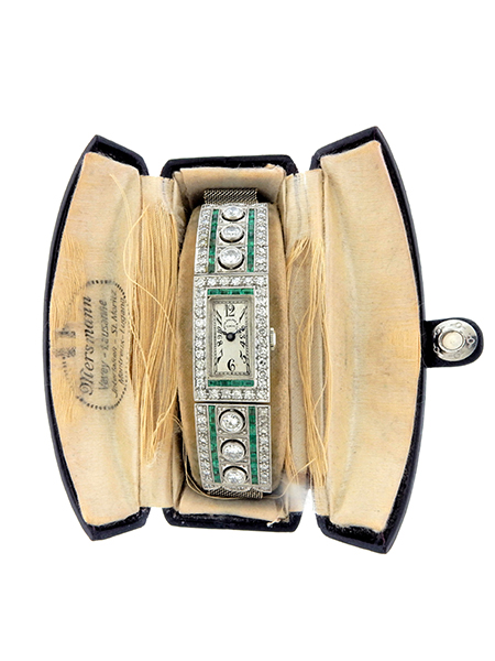 Extremely Rare Patek Philippe Platinum, Diamond, & Emerald Art-Deco Ladies bracelet watch c. 1925 w/ Box & Extract