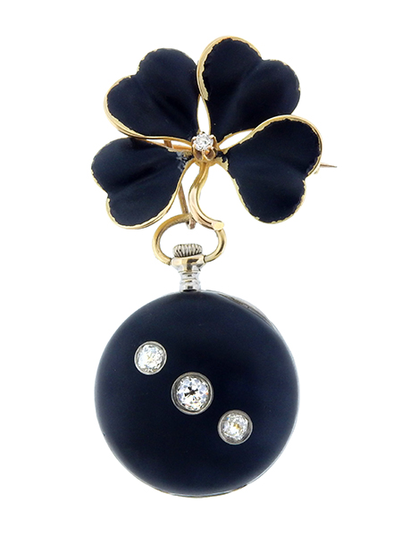 Tiffany & Co 18k and diamond lady's pendant watch, Circa 1900 in black enamel with matching pendant.