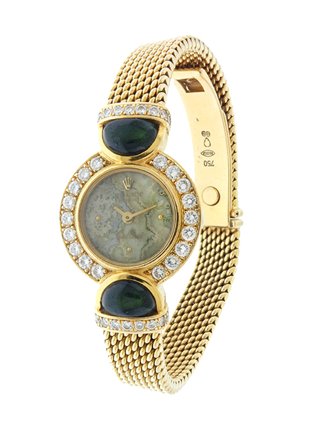 Rolex "Cellini" 18k Yellow Gold, Tourmaline & Diamond Lady's Bracelet Watch with Unusual Marbleized Malachite Dial