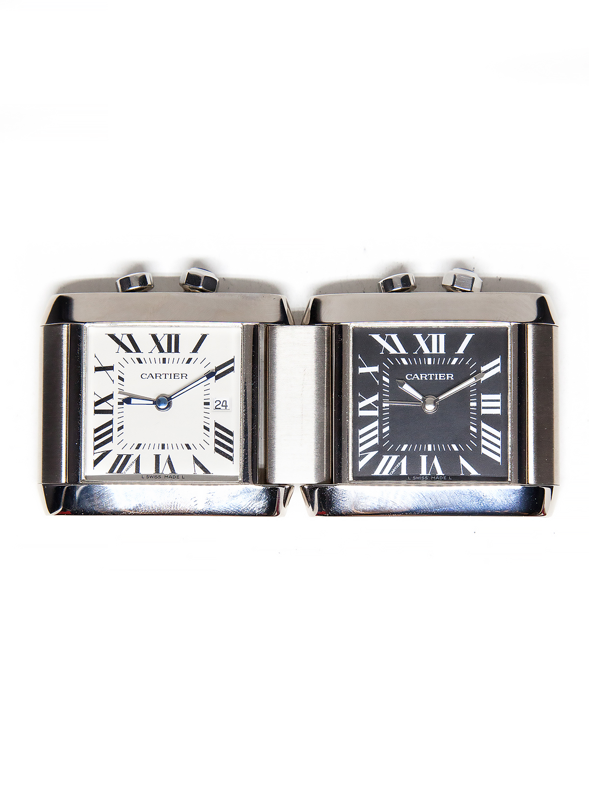 Cartier "Tank Francaise" (Ref 2945) Stainless Steel Dual-time Alarm Desk Clock, Complete