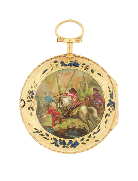 English 18K Yellow Gold Pendant Pocket Watch with Enamel Scene of Soldiers