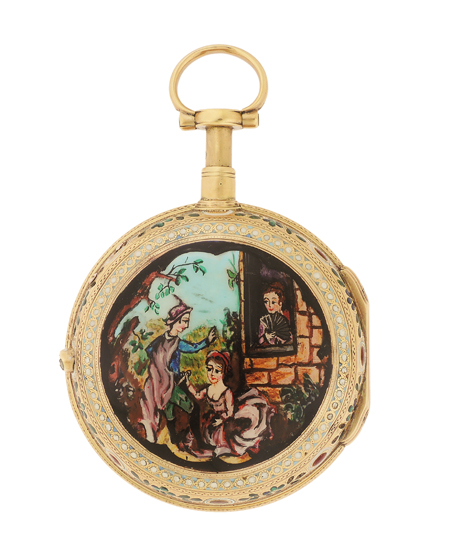 Pierre Michau Key-wind Quarter Repeating 18k Rose Gold and Enamel Open-Face Pocket Watch with Later Erotica, c.1750