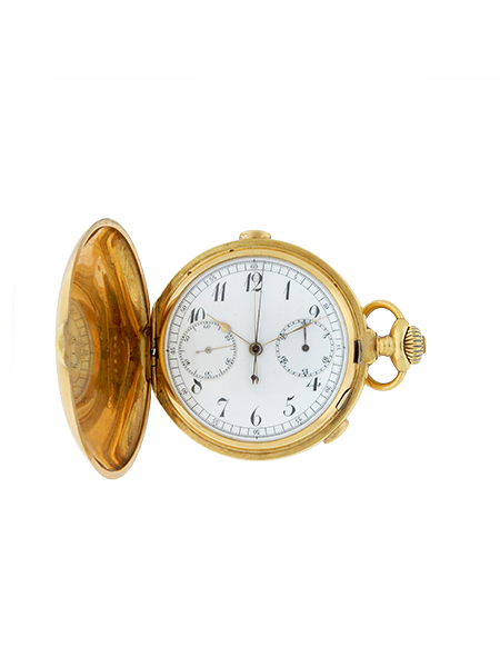 Swiss 18k Yellow Gold Hunter Pocket watch with split seconds