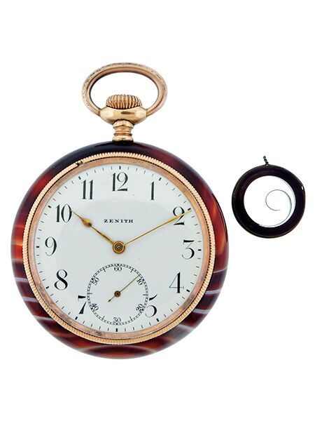 Unusual Zenith Red & White Agate Open Face Pocket Watch, c. 1910, w/ box & extra/spare spring