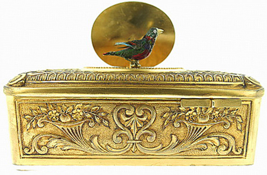 Breguet Rare Gilt Metal Singing Bird Box w/ Original Box & Key, Manufactured in 1955 & Sold to Monsieur Esteban Gay on Dec 27, 1955