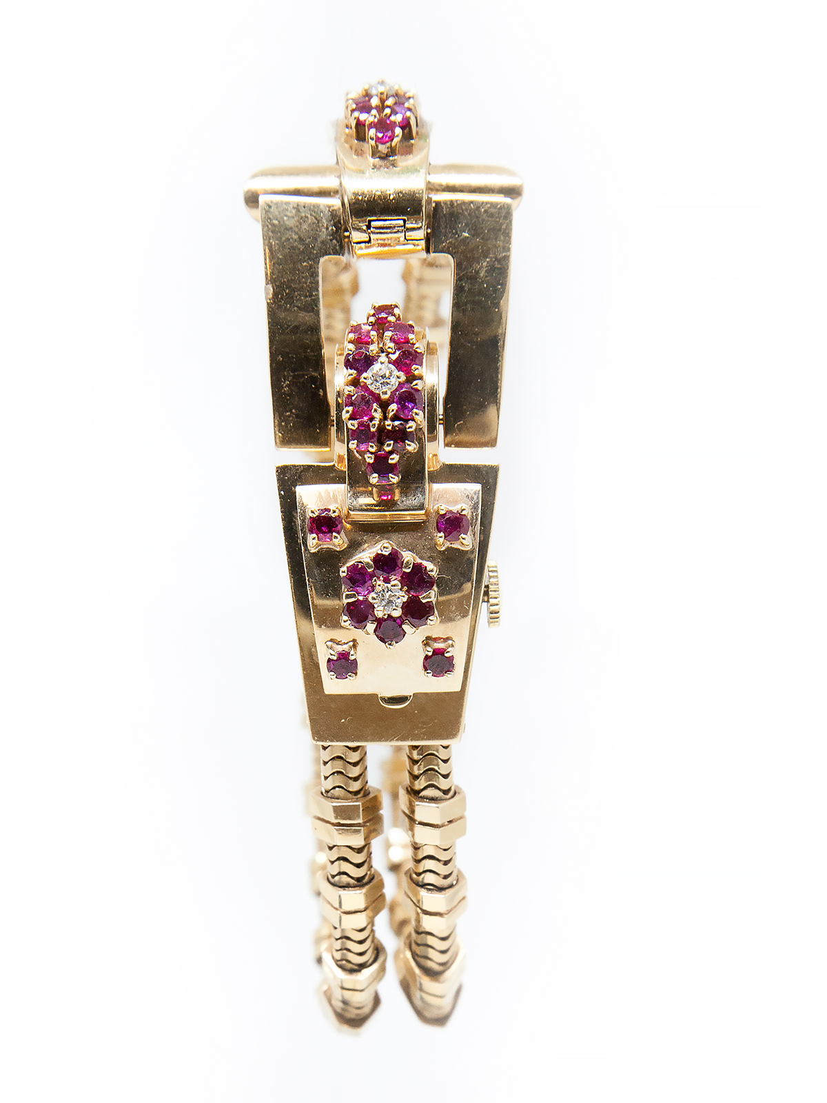 Movado 14k Yellow Gold, Ruby & Diamond Ladies Retro Bracelet Watch